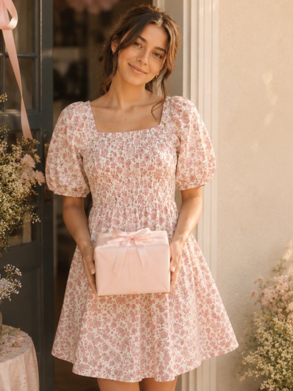 Universal Thread Pink Floral Smocked Cotton Puff Sleeve Dress XS Romantic Summer